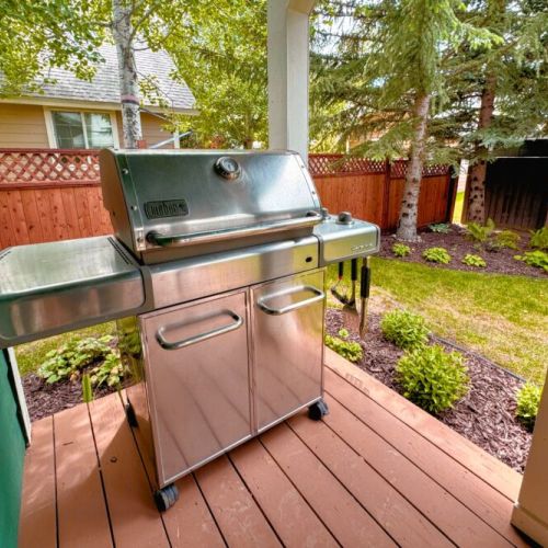 The cozy backyard comes equipped with a propane grill, a table and chairs, and beautiful scenery.