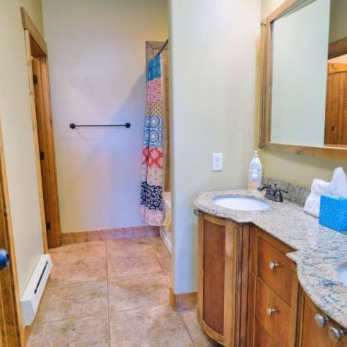 The en suite bath comes with a double vanity, large tub/shower combo, and a spacious closet.