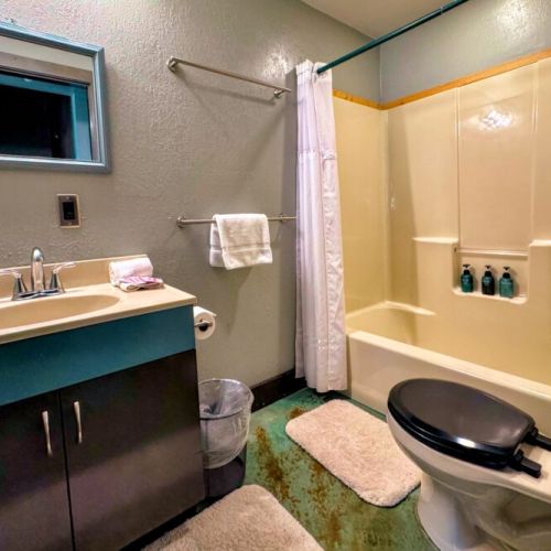 The ground-floor bedroom and common areas share a full bathroom.