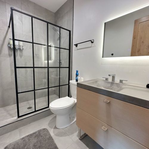 The home's full bathroom enjoys a chic vanity and a huge walk-in shower.