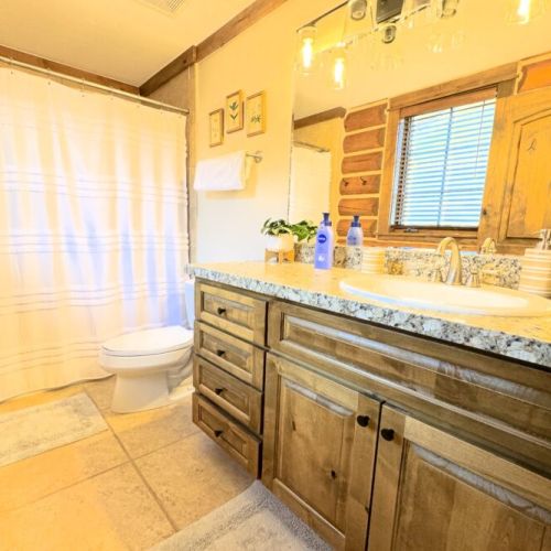 Bedroom #3, also located on the main level, has a queen bed, a dedicated workspace, and an en suite bathroom.