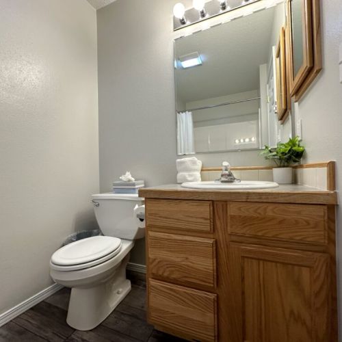 The main level hall bath features a vanity and a large tub/shower combo.