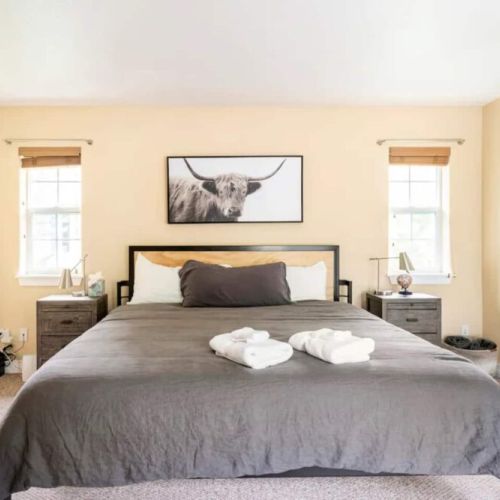 The master bedroom features a king bed, a large en suite bathroom, and direct access to the back porch.