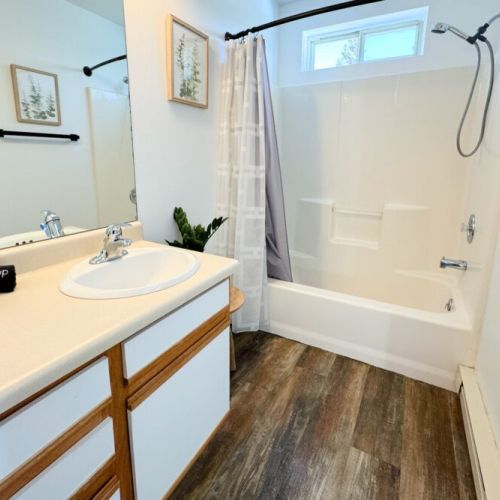 The en suite bathroom has a vanity, a large tub/shower combo, and a private water closet.