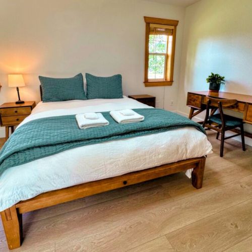 The primary bedroom features a queen bed, walk-in closet, large desk, direct access to the backyard, and a beautiful en suite bathroom.