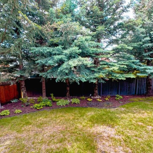 The cozy backyard comes equipped with a propane grill, a table and chairs, and beautiful scenery.