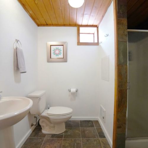 The basement bathroom, shared by bedrooms #4 and #5, enjoys a walk-in shower.