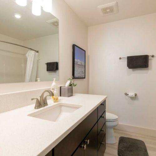 The second bathroom also enjoys a large vanity, as well as a  large tub/shower.