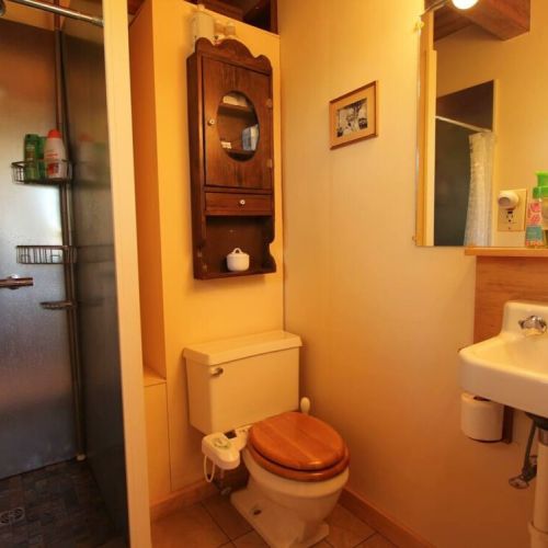 The compact bathroom has everything you need.