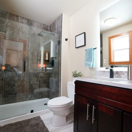 The master bath has large walk-in shower and a beautiful vanity.