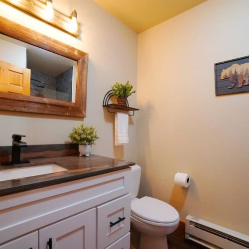 The downstairs hall has a full bath, complete with a walk-in shower.