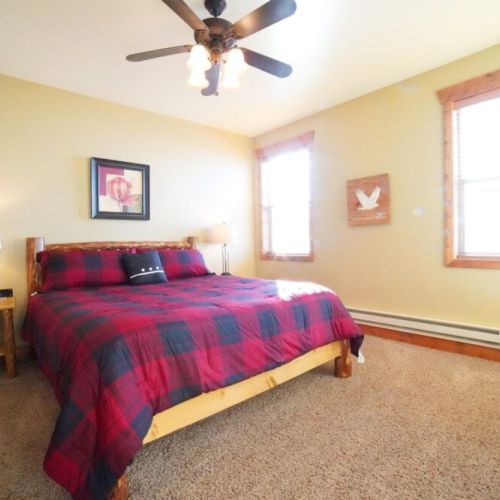 The master bedroom has a king bed, lots of natural light, and an en suite bath.