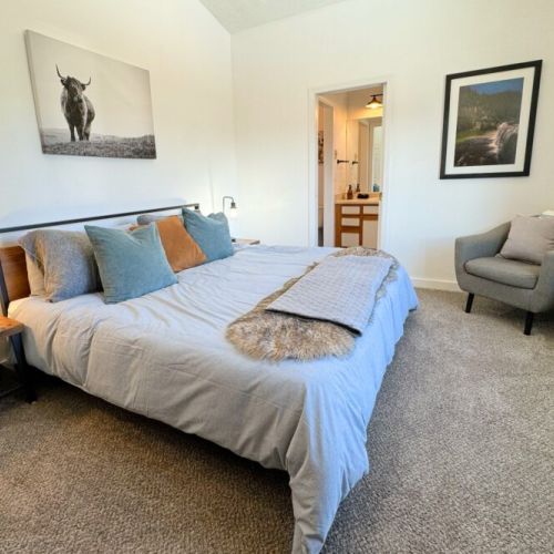 The primary bedroom enjoys a king bed, a spacious open closet, and an en suite bathroom.