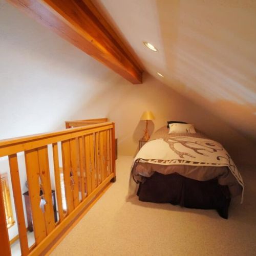 The lofted bedroom, accessible on the floor above, has a twin bed.