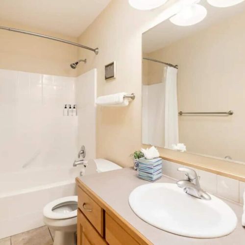 Bedrooms #2 and #3 share a bathroom. Located just off the hallway, it has a vanity, a large mirror, and a tub/shower combo.