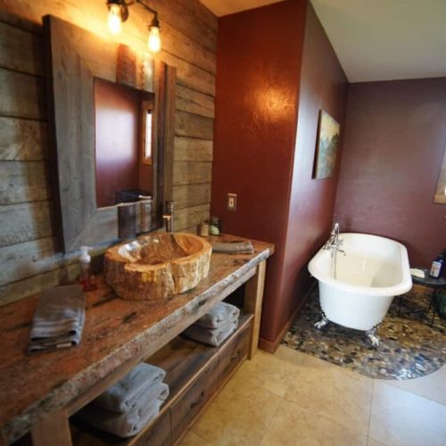 En suite master bath with a soaking tub and shower.