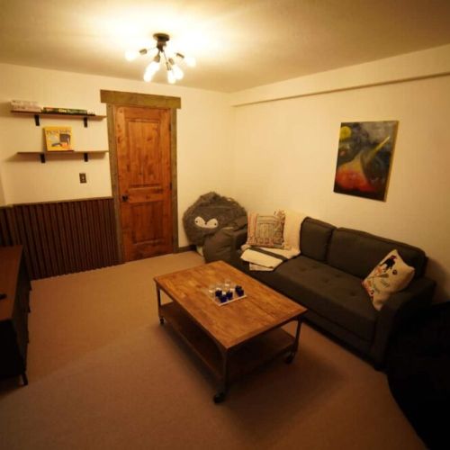 We call it the "kid cave" - perfect downstairs TV room for the kids.