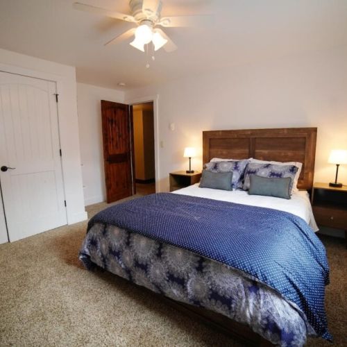 Bedroom #4, located in the basement, has a queen bed and closet.