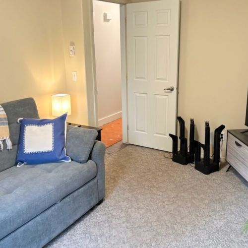 Bedroom #4 (Main Level) has a comfortable sofa that can be folded out into a queen-sized bed. It also enjoys direct access to the backyard, including the hot tub and propane BBQ.